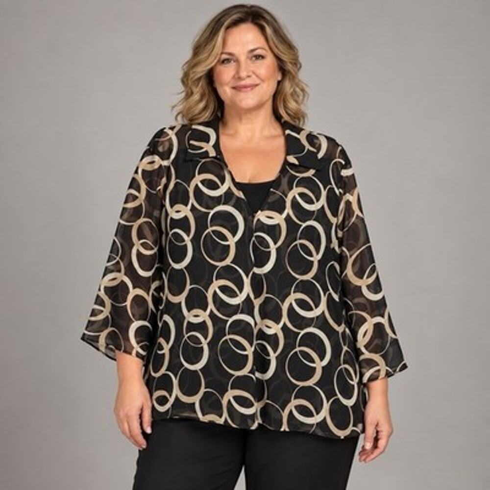 Lane Bryant Venezia 2X Sheer Chiffon V Neck Popover Tunic Artsy Circle Print